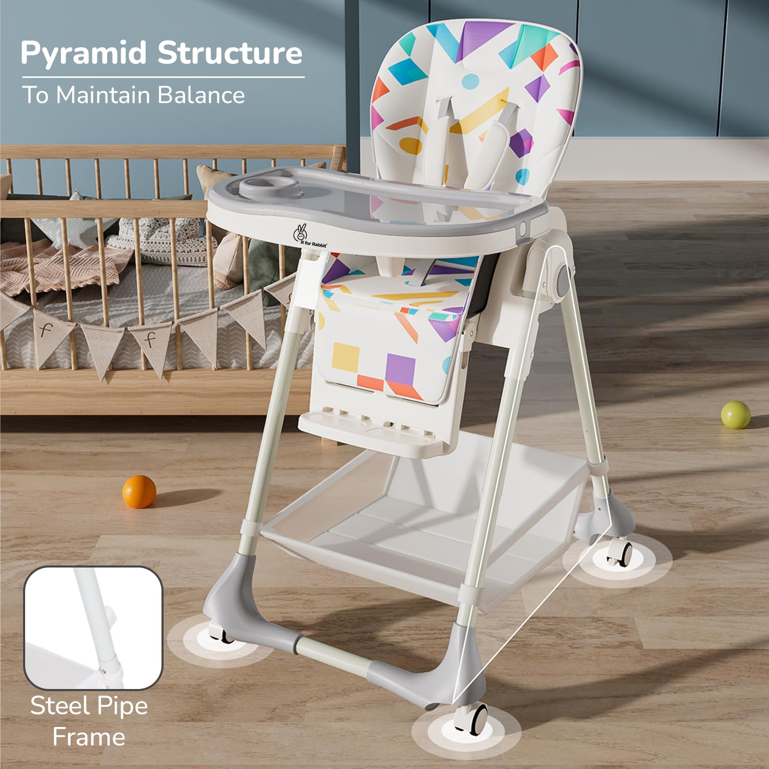 White and grey Marshmallow Lite baby high chair with 6 adjustable height levels, comfortable and secure for infant feeding, featuring a playful bear motif.